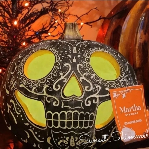 Martha STEWART LARGE LED SUGAR SKULL PUMPKIN FALL HALLOWEEN DAY OF DEAD New - Picture 1 of 9